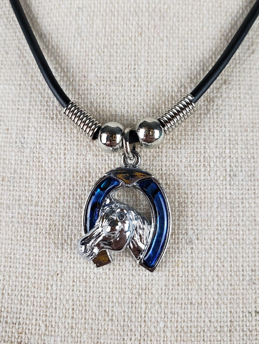 Silver Horse Head & Blue Paua Shell Horseshoe Pendant Necklace